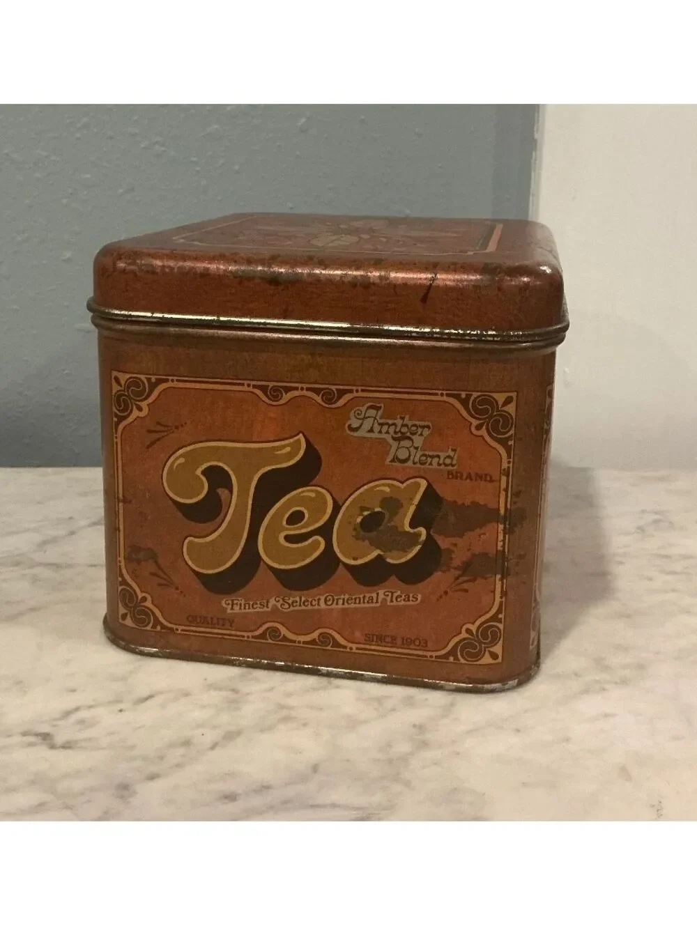 Vintage Amber Blend Tea Tin with Decorative Design